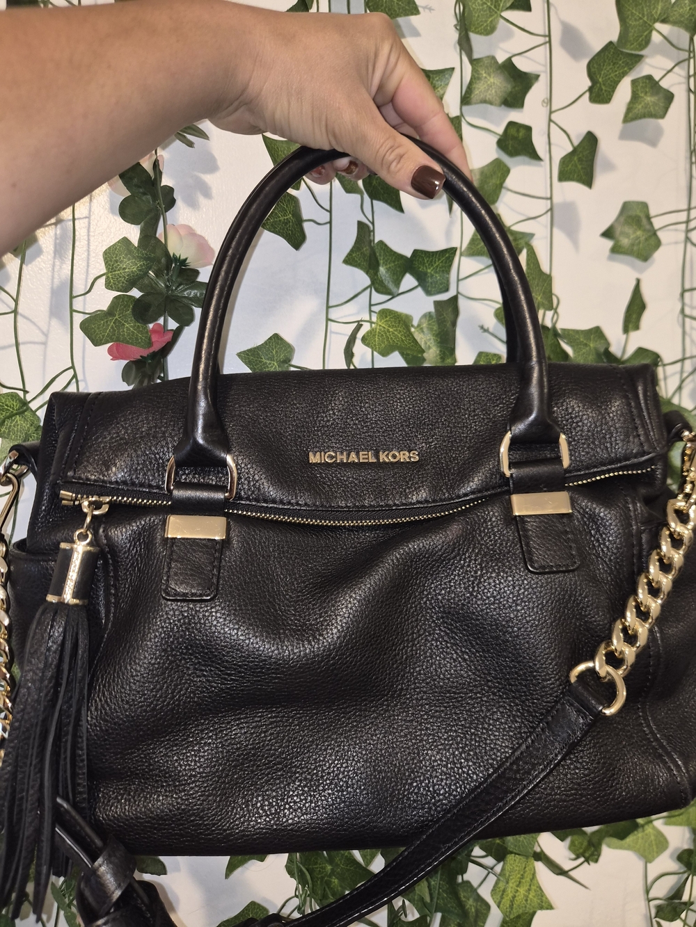 Michael Kors Black Leather Satchel with Gold Hardware
